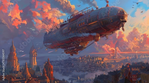 fantastical steampunk airship soaring over a vibrant cityscape digital painting