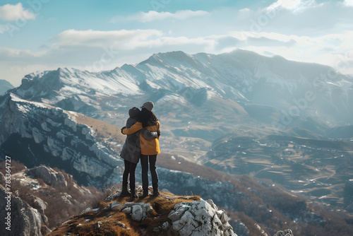 A couple hugging on the top of a mountain