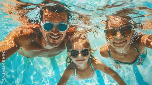 father and daughters swimming underwater in pool family fun and bonding digital painting photo