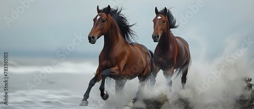 Synchronous Equine Rhythm by the Sea. Concept Horseback Riding  Beach Scenery  Equestrian Lifestyle  Ocean Views  Synchronized Movements