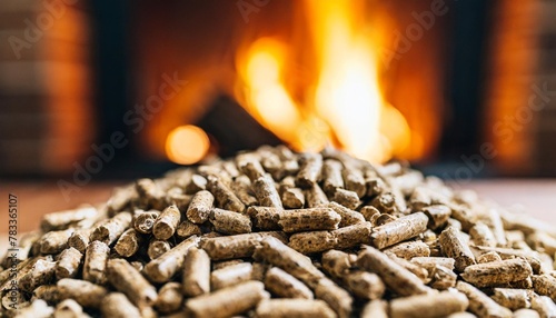 pellets arranged before a modern fireplace background generative ai