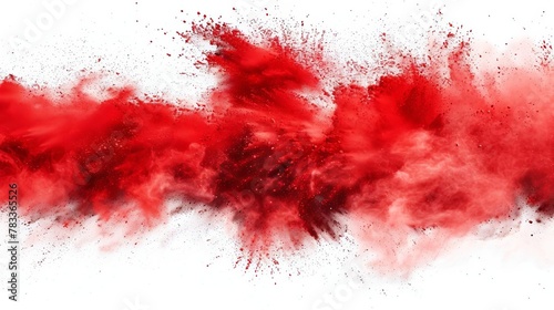 fiery red powder dispersing in explosive burst against stark white dynamic abstract background with vivid contrast photo