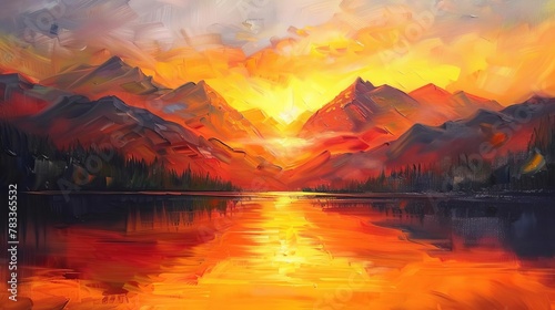 fiery sunset painting majestic mountain peaks and serene lake reflections landscape oil painting © Bijac