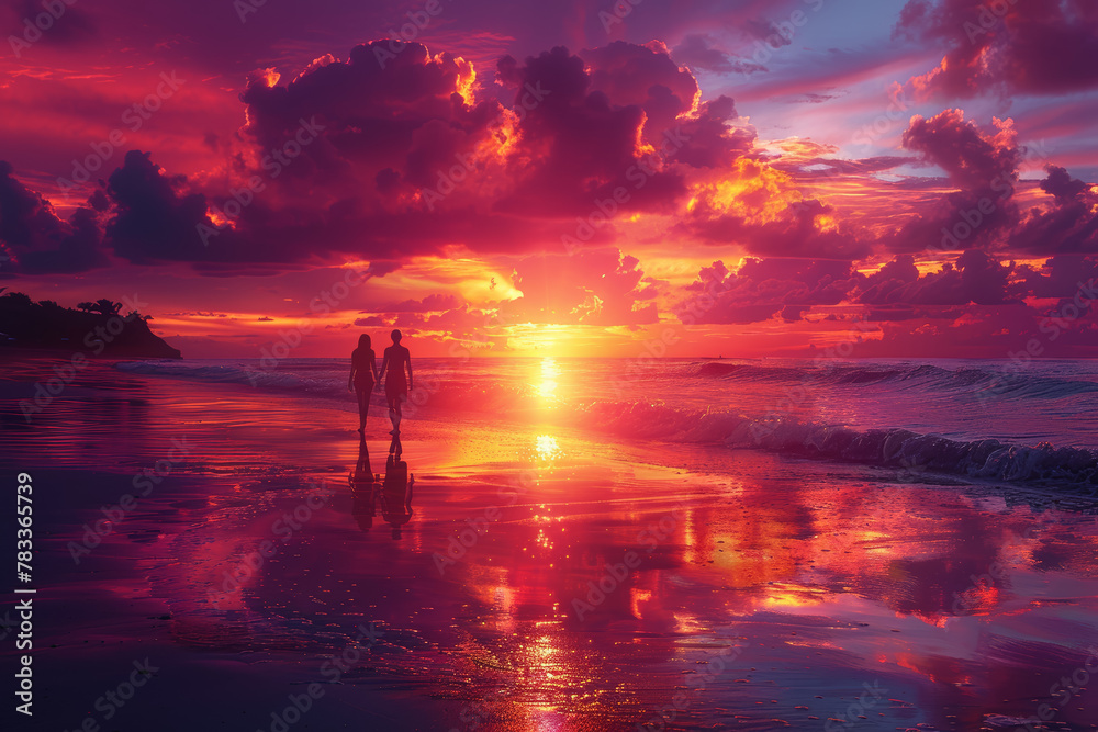 A couple strolling hand in hand along the beach, watching the sunset ...