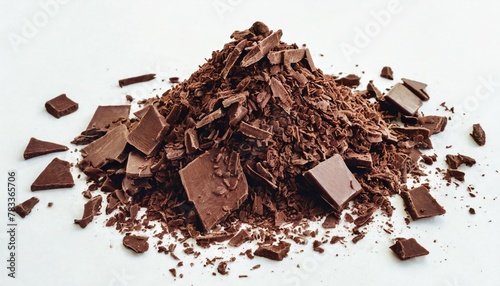 pile scraped milled dark chocolate shavings 70 percent cocoa isolated on white background top view