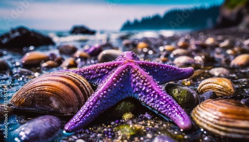 closeup of purple starfish surrounded by various mollusks at low tide on the washington coast