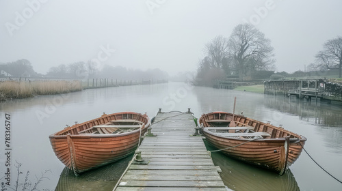 A Misty Morning on a Calm River with rowing Boats moored to a Wooden Jetty Wallpaper Background Cover Magazine Journal Illustration Brainstorming Digital Art