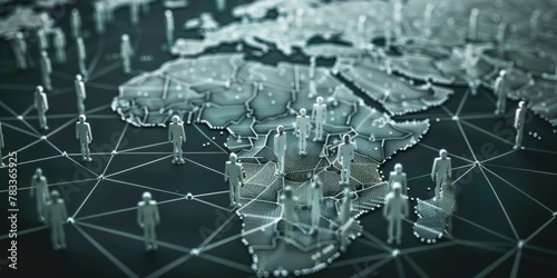 A map of northern Africa with many small white figures representing people standing on it, representing global digital connectivity and the online world Generative AI