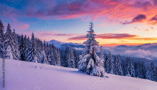 amazing sunrise in the mountains sunset winter landscape with snow covered pine trees in violet and pink colors fantastic colorful scene with picturesque dramatic sky christmas wintery background © Michelle