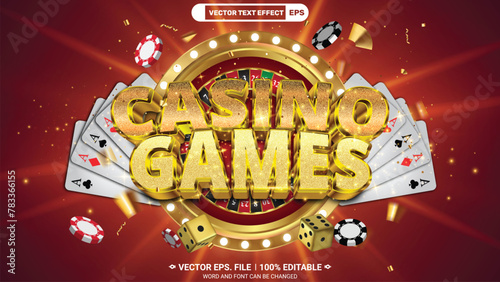 Casino games editable 3d vector text style effect with playing cards, casino gold dice on red background