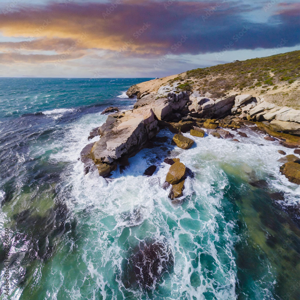 Aerial shot of waves bright colors hitting rocks on the ocean shore