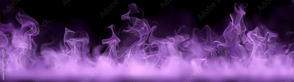 Naklejka premium In a mesmerizing spectacle, purple flames dance with an otherworldly elegance against the backdrop of velvety darkness, gracefully spreading across the vast expanse of this ultra-wide scene
