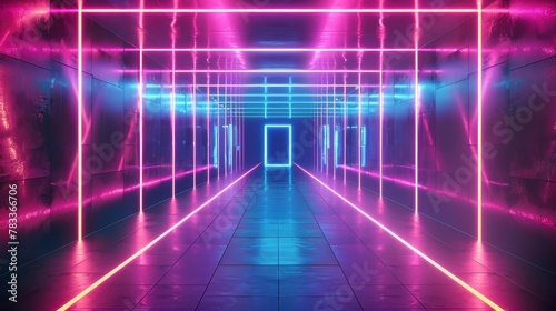 futuristic 3d neon tunnel with glowing lines and floating particles abstract technology background illustration