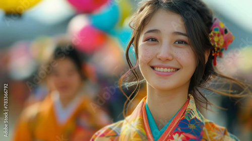 Smiling Woman in Colorful Kimono