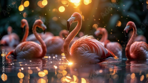 Group of Flamingos Standing in Water