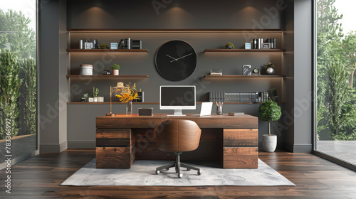 A Room With a Desk, Shelves, Potted Plants, and a Television