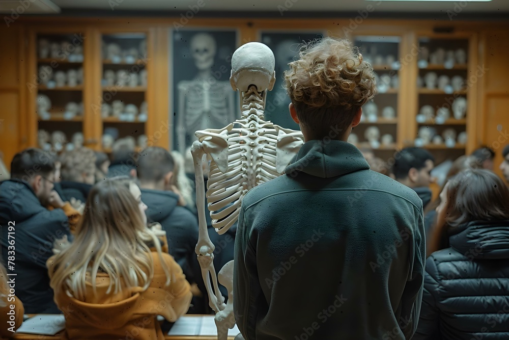 Medical Student Contemplating a Skeleton in Anatomy Class. Concept Anatomy Class, Medical Student, Skeleton Study, Academic Setting, Contemplation