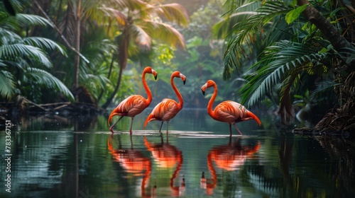 Three Flamingos Standing in Water Surrounded by Trees