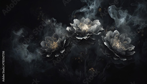 an abstract background image crafted for creative content featuring ethereal gray flowers enveloped in wisps of smoke offering a unique and artistic backdrop photorealistic illustration