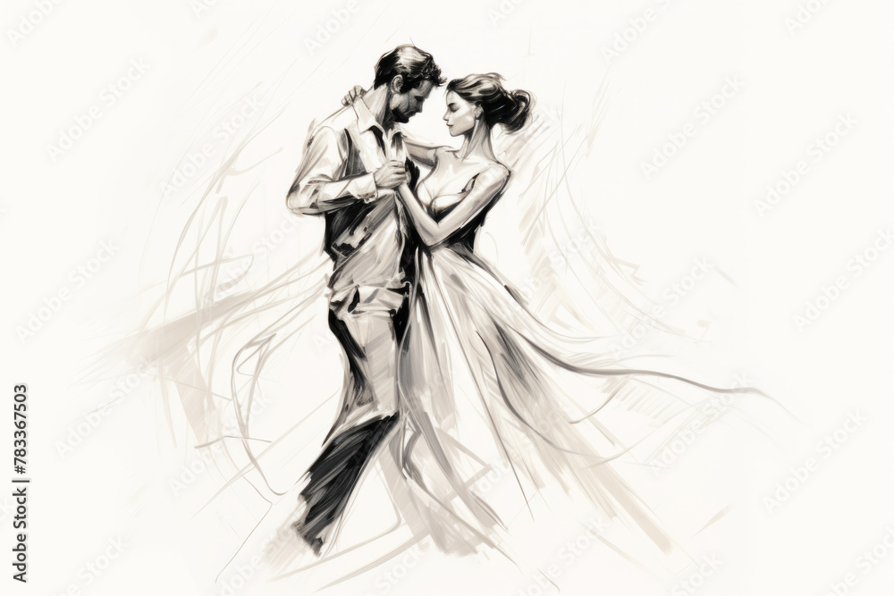 Graphic of Elegant Man and Woman Dancing. Ink Painting