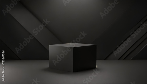 Black product background empty cube podium stage 3d object with abstract light minimal pedestal presentation platform display or modern dark space geometric studio show stand scene luxury