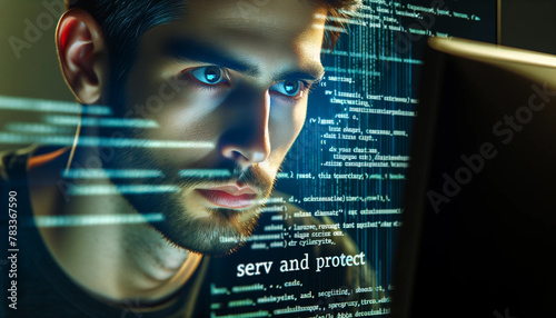 Close-up portrait of a cybersecurity expert at a computer with lines of code visible in the screen reflection. The focus is on the person's concentrated face, embodying the theme of Serve and Protect 