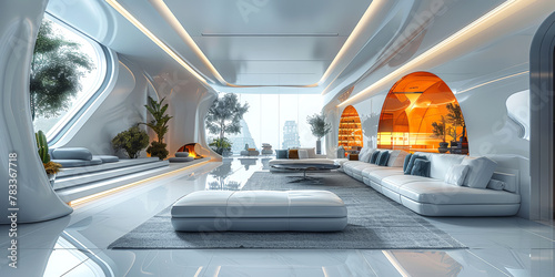 Modern interior design with curve lines and city view  ideal for relaxation.