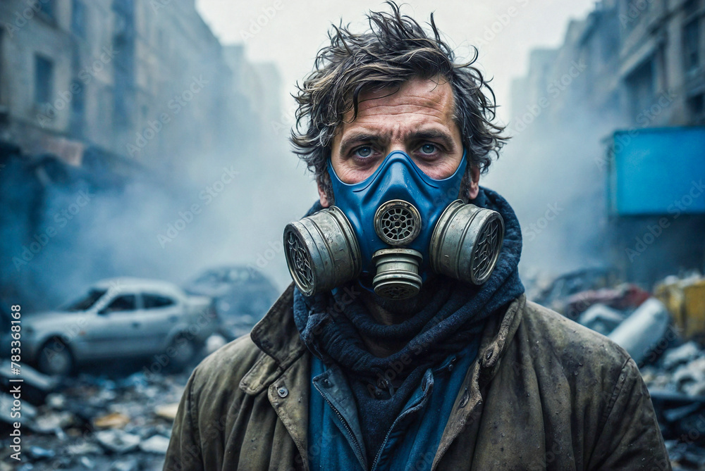 portrait of man on the street of a city looking at camera with dirty and old clothes, a mask for breathing in polluted atmosphere  in catastrophe dystopian environment.