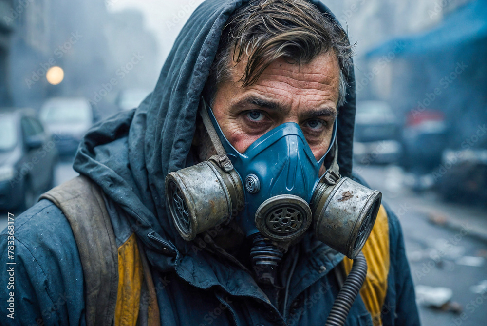 portrait of man on the street of a city looking at camera with dirty and old clothes, a mask for breathing in polluted atmosphere and head covered by a hood in catastrophe dystopian environment. portrait of man on the street of a city looking at camera with dirty and old clothes, a mask for breathing in polluted atmosphere and head covered by a hood in catastrophe dystopian environment.