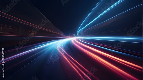 Laser beams are brilliant, abstract, and glittering, isolated on a translucent background. Light trails created by high-speed acceleration on a night road. Light moving rapid train over darkness.