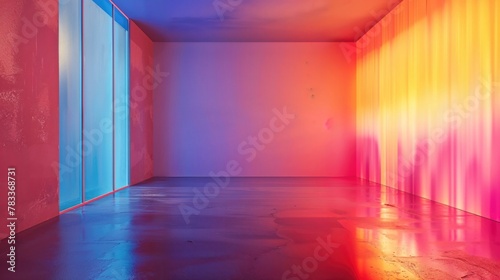 Bright Modern Minimalist Interior with Vibrant Multicoloured Gradient Lighting. photo