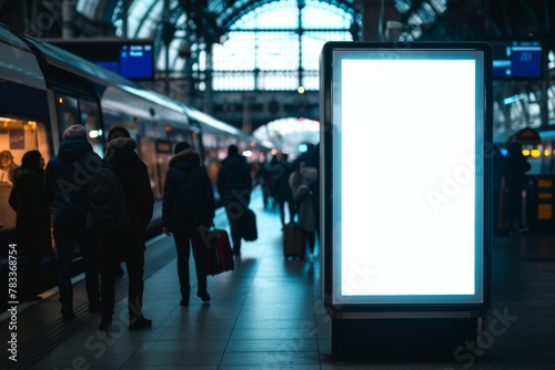 Mock up. Vertical advertising billboard, lightbox with empty digital screen on railway station. Blank white poster advertising, public information board stands at station in front of people and train © vejaa