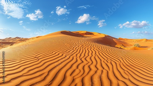  A desert scene with a blue sky dotted by white clouds and minimal trees in the foreground