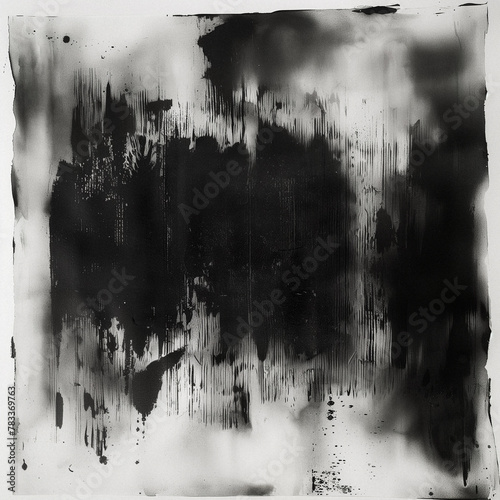 A black and white abstract painting on watercolor paper, dark gray background, white border around the edges of all sides, paint dripping down from top left corner to bottom right side, ai generated.