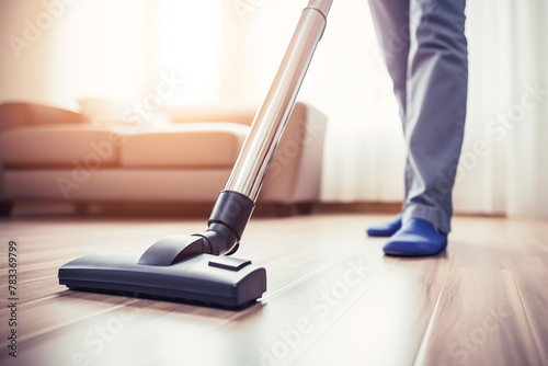 In the background of a living room, a vacuum cleaner tackle dust and dirt on carpets and floors for thorough housekeeping.