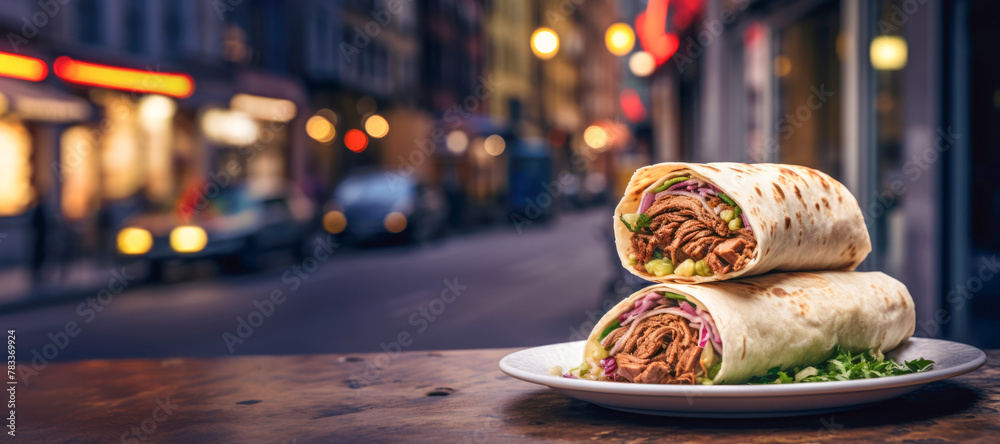 A delightful street-food scene featuring a Turkish shawarma roll, a perfect combination of succulent meat, crisp lettuce, and ripe tomatoes, creating a delicious and