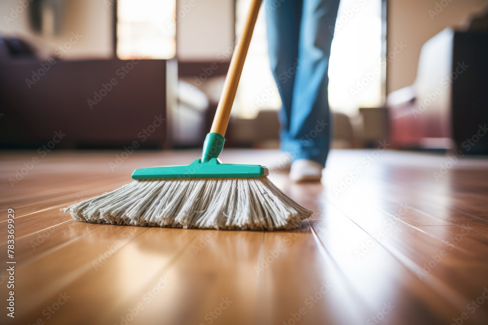 sweeping the floor with a broom, ensuring a spotless home.