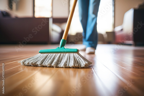 sweeping the floor with a broom, ensuring a spotless home. photo