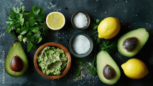 ingredients for homemade guacamole  avocado  lemon  salt and pepper top view