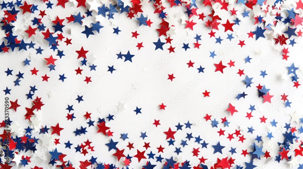 Public holiday in USA concept. High angle view photo of empty space surrounded by red, white and blue star-shaped confetti on white isolated background with copy-space Public holiday in USA concept. High angle view photo of empty space surrounded by red, white and blue star-shaped confetti on white isolated background with copy-space