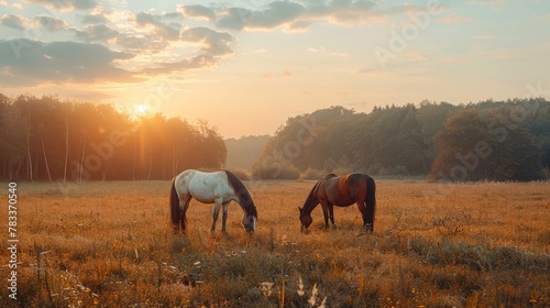  Two horses graze in a sun-lit field Behind them, a wooded area is bathed in sunlight as it filters through the trees
