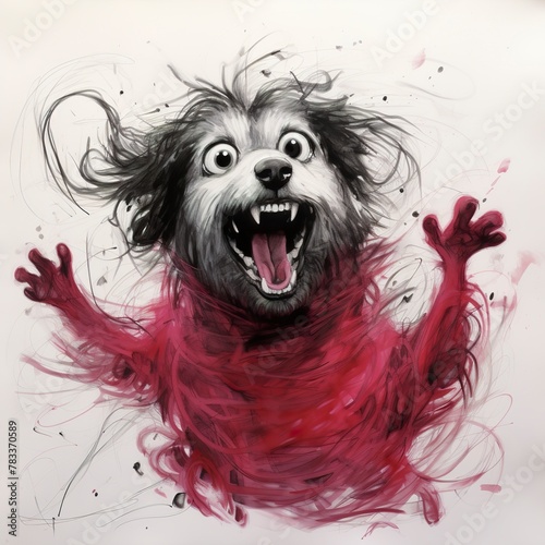 Drawing in a clumsy style and imprecise features of a cute dog. Crayon and pen drawing of an abstract puppy in messy lines.