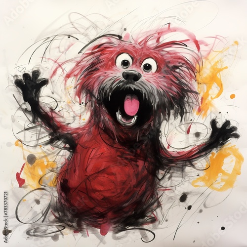 Drawing in a clumsy style and imprecise features of a cute dog. Crayon and pen drawing of an abstract puppy in messy lines.
