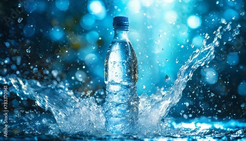 mineral water a plastic bottle in the middle and flying splashes and drops of water around a blue bokeh background