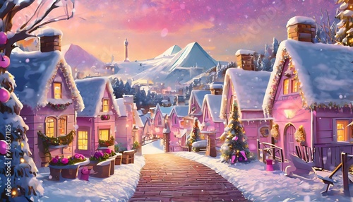 little pink winter christmas town whimsical art background digital art illustration