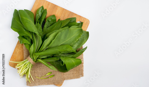 A bunch of wild garlic on a kitchen board on a light background, top view. Horizontal, free space.