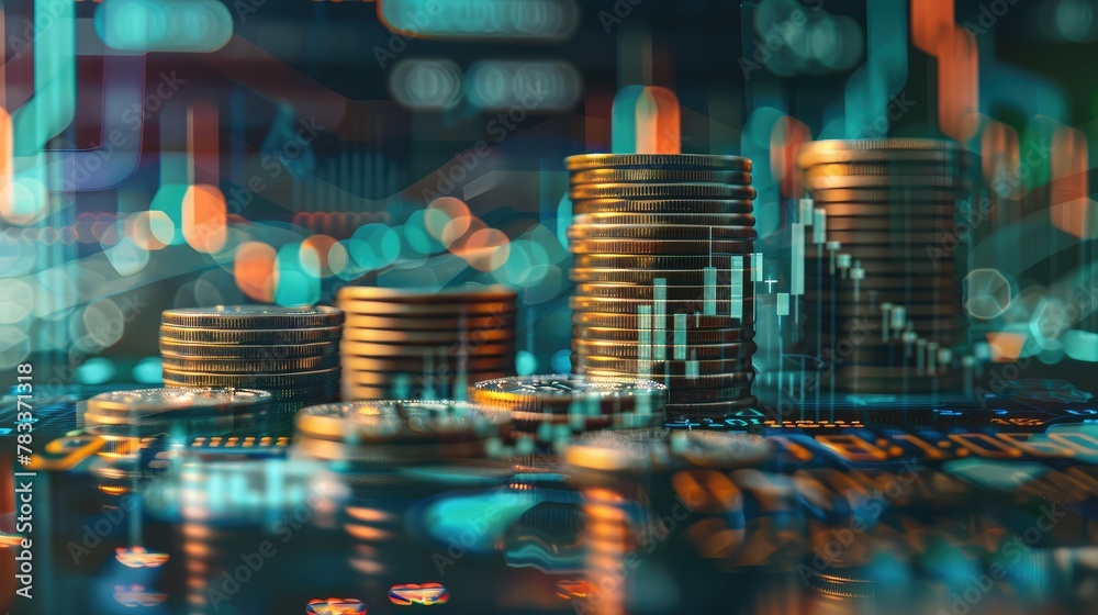Double exposure image of coin stacks on technology financial graph background.Economy trends background for business ,financial meltdown ,Cryptocurrency digital economy.
