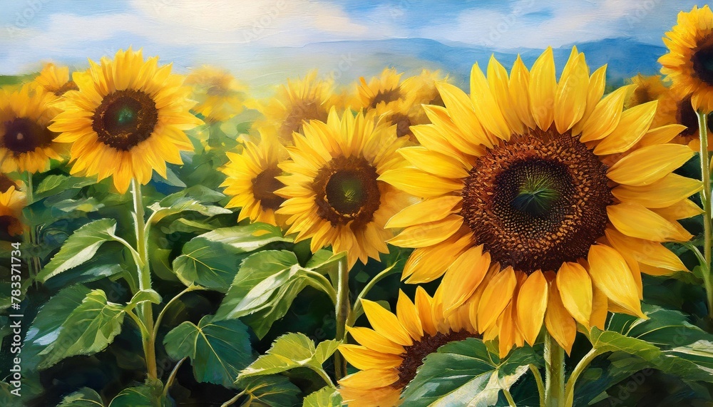 Fototapeta premium illustration of beautiful sunflowers found in fields and gardens offer charm and charm in their shades of yellow and brown digital painting