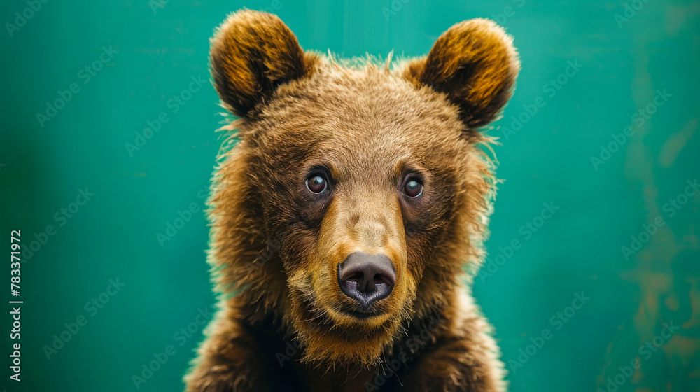 Fototapeta premium Surreal Close-Up of Young Honey Bear on Green Background
