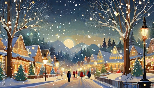winter landscape background christmas night in city vector banner cute winter wonderland in the town people celebration in the park on new year banner design for merry christmas new year 2024 card photo
